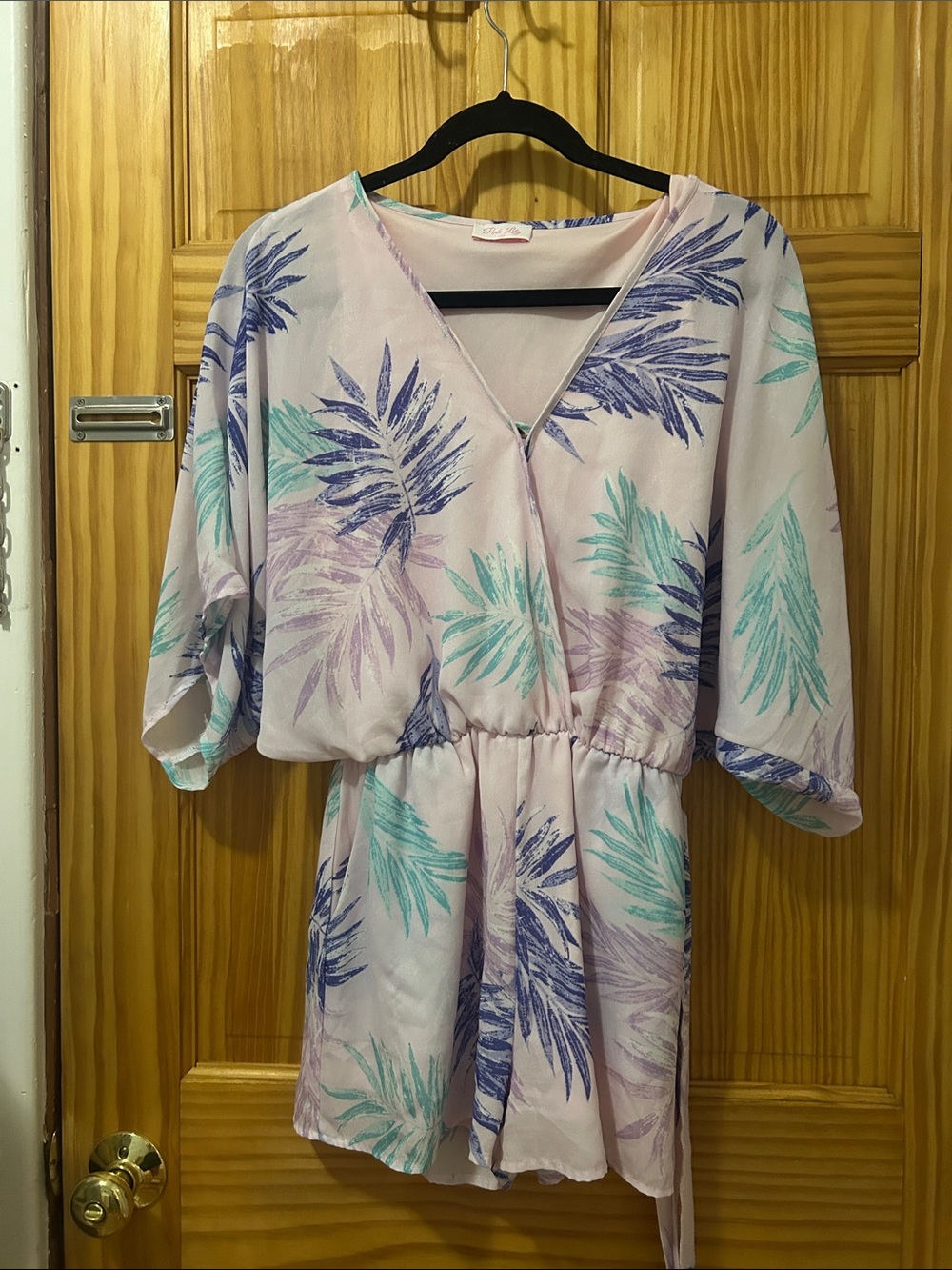 Pink Lily Light Pink Palm Print Romper with Teal & Lavender Leaves